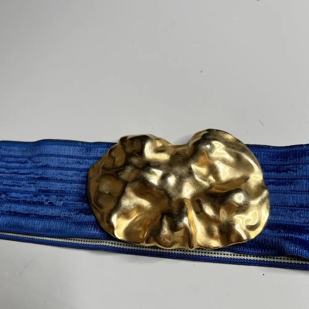 Vintage Charmant Waist Belt‎ Womens L Blue Elastic Wide Gold Tone Buckle Cinch